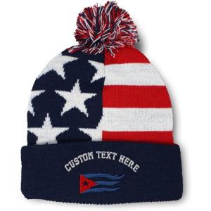 imageCustom Pom Pom Beanies for Women Cuba Cuban Flag Flame Embroidery Skull Cap Winter Hats for Men 1 SizeAmerican Flag Personalized Text Here