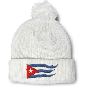 imageCustom Pom Pom Beanies for Women Cuba Cuban Flag Flame Embroidery Skull Cap Winter Hats for Men 1 SizeWhite Design Only