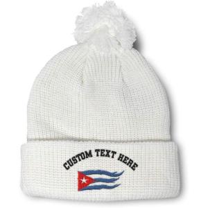 imageCustom Pom Pom Beanies for Women Cuba Cuban Flag Flame Embroidery Skull Cap Winter Hats for Men 1 SizeWhite Personalized Text Here