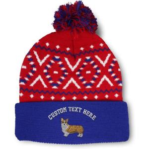 imageCustom Pom Pom Beanies for Women Pembroke Welsh Corgi Dog B Embroidery Skull Cap Winter Hats for Men 1 SizeAmerican X Personalized Text Here