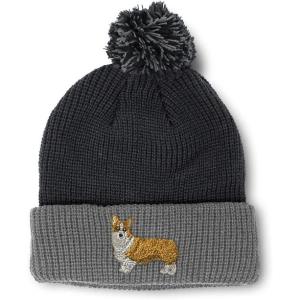 imageCustom Pom Pom Beanies for Women Pembroke Welsh Corgi Dog B Embroidery Skull Cap Winter Hats for Men 1 SizeBlack Grey Design Only