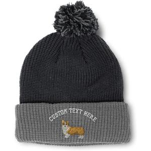 imageCustom Pom Pom Beanies for Women Pembroke Welsh Corgi Dog B Embroidery Skull Cap Winter Hats for Men 1 SizeBlack Grey Personalized Text Here