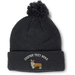 imageCustom Pom Pom Beanies for Women Pembroke Welsh Corgi Dog B Embroidery Skull Cap Winter Hats for Men 1 SizeBlack Personalized Text Here