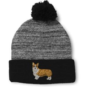 imageCustom Pom Pom Beanies for Women Pembroke Welsh Corgi Dog B Embroidery Skull Cap Winter Hats for Men 1 SizeHeather Gray Black Design Only