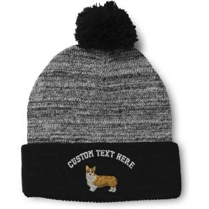 imageCustom Pom Pom Beanies for Women Pembroke Welsh Corgi Dog B Embroidery Skull Cap Winter Hats for Men 1 SizeHeather Gray Black Personalized Text Here