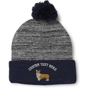 imageCustom Pom Pom Beanies for Women Pembroke Welsh Corgi Dog B Embroidery Skull Cap Winter Hats for Men 1 SizeHeather Gray Navy Personalized Text Here