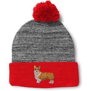 imageCustom Pom Pom Beanies for Women Pembroke Welsh Corgi Dog B Embroidery Skull Cap Winter Hats for Men 1 SizeHeather Gray Red Design Only