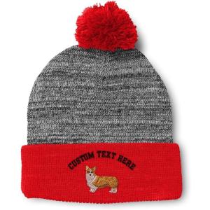 imageCustom Pom Pom Beanies for Women Pembroke Welsh Corgi Dog B Embroidery Skull Cap Winter Hats for Men 1 SizeHeather Gray Red Personalized Text Here