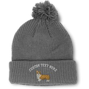 imageCustom Pom Pom Beanies for Women Pembroke Welsh Corgi Dog B Embroidery Skull Cap Winter Hats for Men 1 SizeLight Grey Personalized Text Here