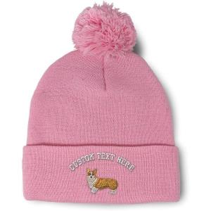 imageCustom Pom Pom Beanies for Women Pembroke Welsh Corgi Dog B Embroidery Skull Cap Winter Hats for Men 1 SizeSoft Pink Personalized Text Here