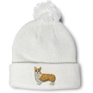 imageCustom Pom Pom Beanies for Women Pembroke Welsh Corgi Dog B Embroidery Skull Cap Winter Hats for Men 1 SizeWhite Design Only