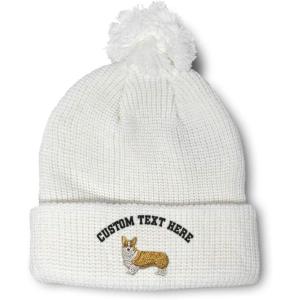 imageCustom Pom Pom Beanies for Women Pembroke Welsh Corgi Dog B Embroidery Skull Cap Winter Hats for Men 1 SizeWhite Personalized Text Here