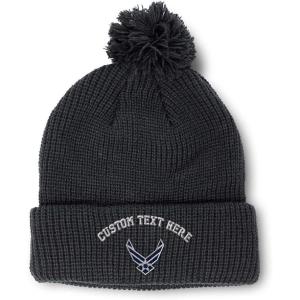 imageSpeedy Pros Pom Pom Beanies for Women Air Force Emblem Embroidery Skull Cap Winter Hats for Men Acrylic 1 SizeBlack Personalized Text Here