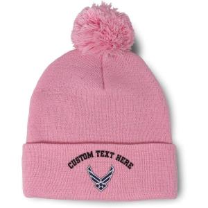 imageSpeedy Pros Pom Pom Beanies for Women Air Force Emblem Embroidery Skull Cap Winter Hats for Men Acrylic 1 SizeSoft Pink Personalized Text Here