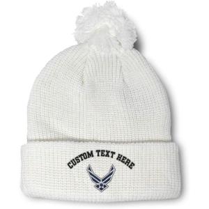 imageSpeedy Pros Pom Pom Beanies for Women Air Force Emblem Embroidery Skull Cap Winter Hats for Men Acrylic 1 SizeWhite Personalized Text Here