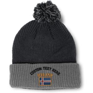 imageCustom Pom Pom Beanies for Women Iceland Flag Embroidery Skull Cap Flags Winter Hats for Men Acrylic 1 SizeBlack Grey Personalized Text Here