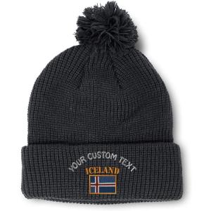 imageCustom Pom Pom Beanies for Women Iceland Flag Embroidery Skull Cap Flags Winter Hats for Men Acrylic 1 SizeBlack Personalized Text Here