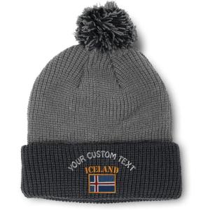 imageCustom Pom Pom Beanies for Women Iceland Flag Embroidery Skull Cap Flags Winter Hats for Men Acrylic 1 SizeGrey Black Personalized Text Here