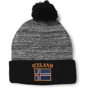 imageCustom Pom Pom Beanies for Women Iceland Flag Embroidery Skull Cap Flags Winter Hats for Men Acrylic 1 SizeHeather Gray Black Design Only