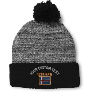 imageCustom Pom Pom Beanies for Women Iceland Flag Embroidery Skull Cap Flags Winter Hats for Men Acrylic 1 SizeHeather Gray Black Personalized Text Here