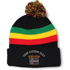 imageCustom Pom Pom Beanies for Women Iceland Flag Embroidery Skull Cap Flags Winter Hats for Men Acrylic 1 SizeRasta Personalized Text Here