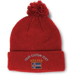 imageCustom Pom Pom Beanies for Women Iceland Flag Embroidery Skull Cap Flags Winter Hats for Men Acrylic 1 SizeRed Personalized Text Here