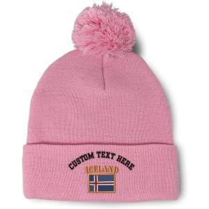 imageCustom Pom Pom Beanies for Women Iceland Flag Embroidery Skull Cap Flags Winter Hats for Men Acrylic 1 SizeSoft Pink Personalized Text Here