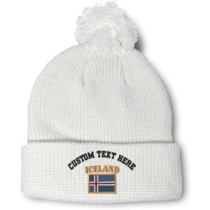 imageCustom Pom Pom Beanies for Women Iceland Flag Embroidery Skull Cap Flags Winter Hats for Men Acrylic 1 SizeWhite Personalized Text Here