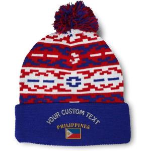 imageCustom Pom Pom Beanies for Women Philippines Flag Embroidery Skull Cap Winter Hats for Men Acrylic 1 SizeAmerican Pixel Personalized Text Here