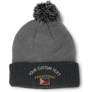 imageCustom Pom Pom Beanies for Women Philippines Flag Embroidery Skull Cap Winter Hats for Men Acrylic 1 SizeGrey Black Personalized Text Here