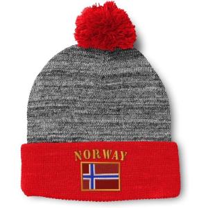imageSpeedy Pros Pom Pom Beanies for Women Norway Flag Embroidery Skull Cap Flags Winter Hats for Men Acrylic 1 SizeHeather Gray Red Design Only