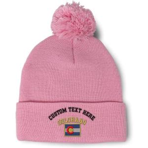 imageCustom Pom Pom Beanies for Women Colorado State Flag Letters Embroidery Skull Cap Acrylic 1 SizeSoft Pink Personalized Text Here