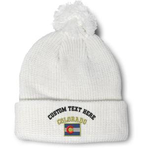 imageCustom Pom Pom Beanies for Women Colorado State Flag Letters Embroidery Skull Cap Acrylic 1 SizeWhite Personalized Text Here