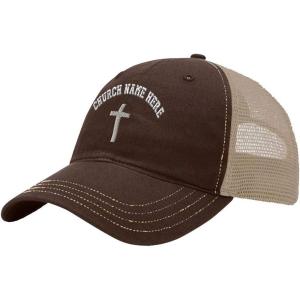 imageCustom Trucker Hat Richardson Cross Silver Embroidery Church Name Cotton SnapsBrownKhaki