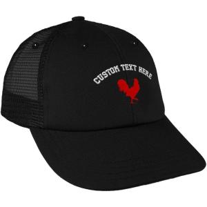 imageCustom Trucker Hat Baseball Cap Red Rooster in A Poultry Embroidery CottonBlack Personalized Text Here