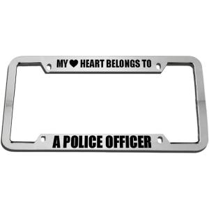 imageSpeedy Pros My Heart Belongs to a Police Officer Zinc Metal License Plate Frame Car Auto Tag Holder  Chrome 4 Holes