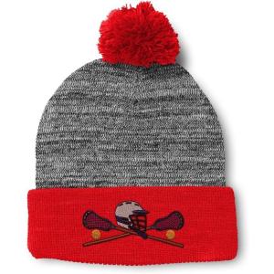 imageCustom Pom Pom Beanies for Women Lacrosse Sports F Embroidery Skull Cap Winter Hats for Men Acrylic 1 SizeHeather Gray Red Design Only