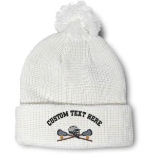 imageCustom Pom Pom Beanies for Women Lacrosse Sports F Embroidery Skull Cap Winter Hats for Men Acrylic 1 SizeWhite Personalized Text Here