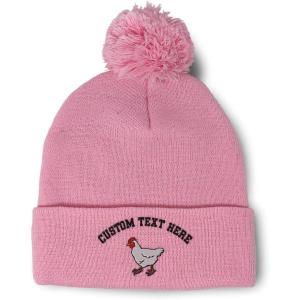 imageCustom Pom Pom Beanies for Women Farm Chicken Embroidery Skull Cap Bird Winter Hats for Men Acrylic 1 SizeSoft Pink Personalized Text Here