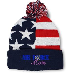 imagePom Pom Beanies for Women Air Force Mom Embroidery Skull Cap Family Winter Hats for Men Acrylic 1 SizeAmerican Flag Design Only