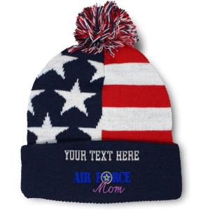 imagePom Pom Beanies for Women Air Force Mom Embroidery Skull Cap Family Winter Hats for Men Acrylic 1 SizeAmerican Flag Personalized Text Here