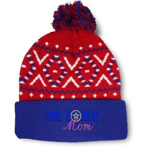 imagePom Pom Beanies for Women Air Force Mom Embroidery Skull Cap Family Winter Hats for Men Acrylic 1 SizeAmerican X Design Only