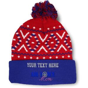 imagePom Pom Beanies for Women Air Force Mom Embroidery Skull Cap Family Winter Hats for Men Acrylic 1 SizeAmerican X Personalized Text Here