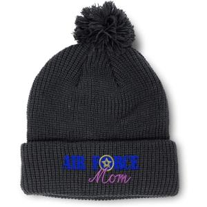 imagePom Pom Beanies for Women Air Force Mom Embroidery Skull Cap Family Winter Hats for Men Acrylic 1 SizeBlack Design Only