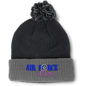 imagePom Pom Beanies for Women Air Force Mom Embroidery Skull Cap Family Winter Hats for Men Acrylic 1 SizeBlack Grey Design Only