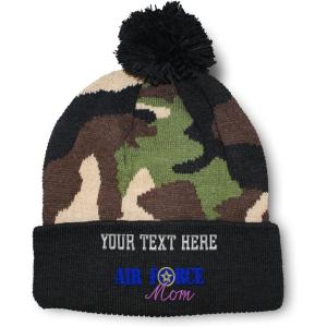 imagePom Pom Beanies for Women Air Force Mom Embroidery Skull Cap Family Winter Hats for Men Acrylic 1 SizeCamo Personalized Text Here