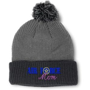 imagePom Pom Beanies for Women Air Force Mom Embroidery Skull Cap Family Winter Hats for Men Acrylic 1 SizeGrey Black Design Only
