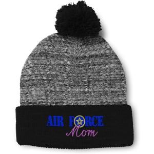 imagePom Pom Beanies for Women Air Force Mom Embroidery Skull Cap Family Winter Hats for Men Acrylic 1 SizeHeather Gray Black Design Only