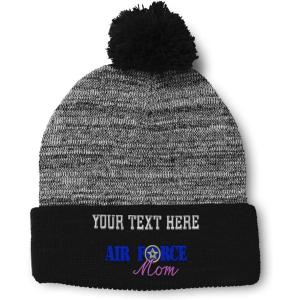 imagePom Pom Beanies for Women Air Force Mom Embroidery Skull Cap Family Winter Hats for Men Acrylic 1 SizeHeather Gray Black Personalized Text Here