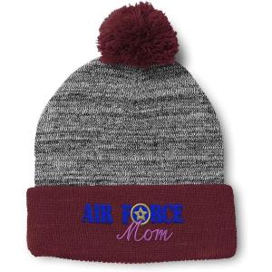 imagePom Pom Beanies for Women Air Force Mom Embroidery Skull Cap Family Winter Hats for Men Acrylic 1 SizeHeather Gray Burgundy Design Only